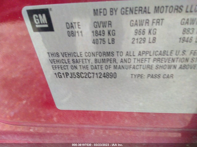 2012 CHEVROLET CRUZE ECO VIN: 1G1PJ5SC2C7124890