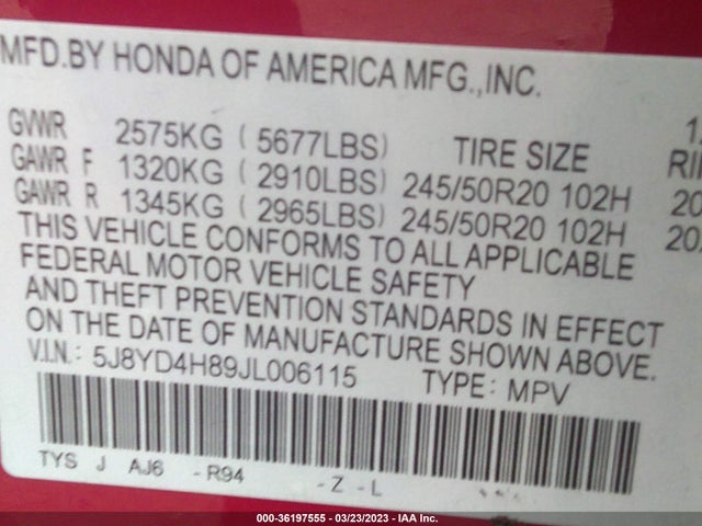 Acura Mdx W/advance Pkg 2018 5J8YD4H89JL006115 Image 9