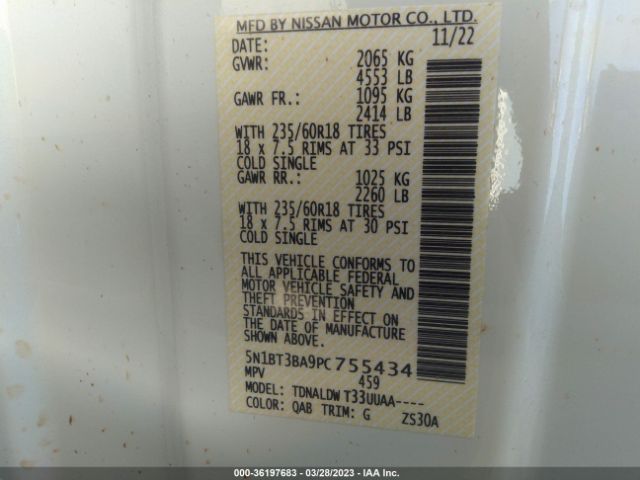 5N1BT3BA9PC755434 Nissan ROGUE SV
