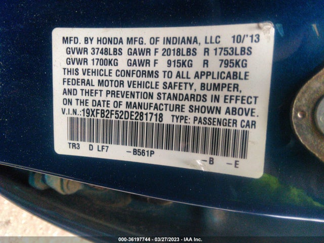 2013 HONDA CIVIC SDN LX VIN: 19XFB2F52DE281718