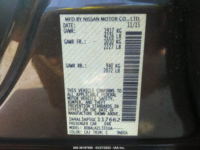 2016 NISSAN ALTIMA 2.5 VIN: 1N4AL3AP5GC117662