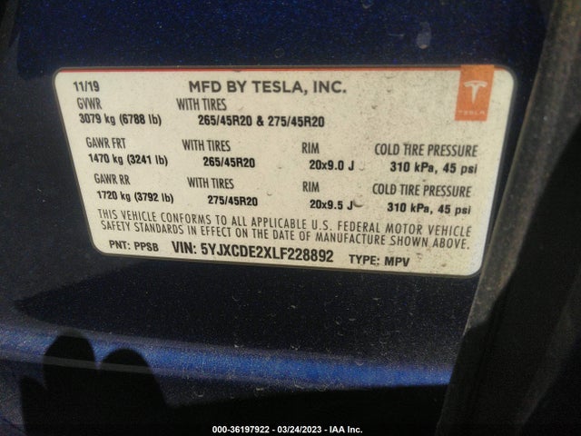 Tesla Model X Long Range 2020 5YJXCDE2XLF228892 Image 9