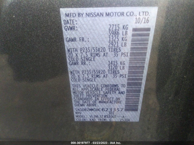 2017 NISSAN PATHFINDER PLATINUM VIN: 5N1DR2MM1HC623357