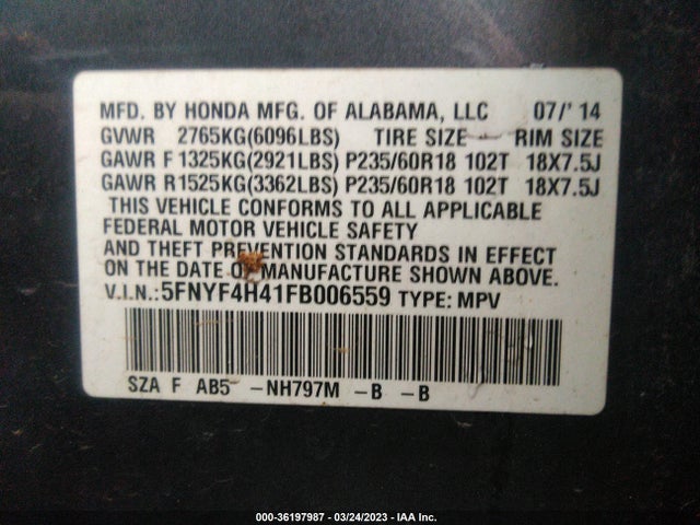 Honda Pilot Ex 2015 5FNYF4H41FB006559 Image 10