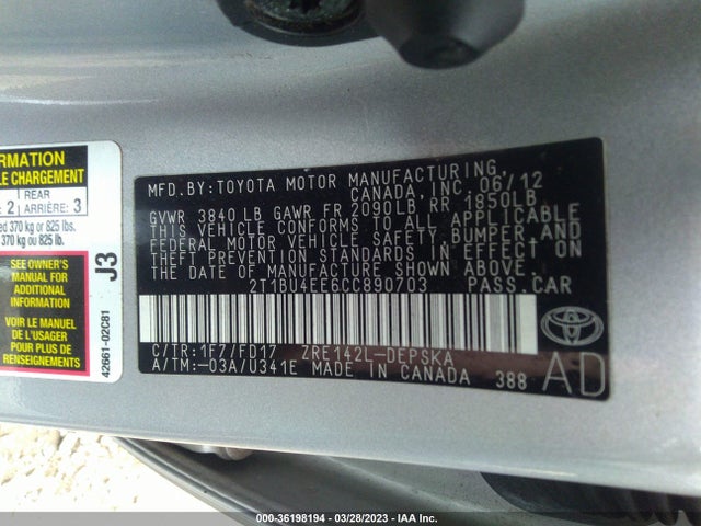2012 TOYOTA COROLLA L/LE/S VIN: 2T1BU4EE6CC890703