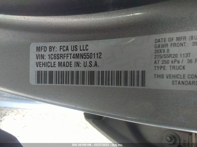 2021 RAM 1500 BIG HORN VIN: 1C6SRFFT4MN550112