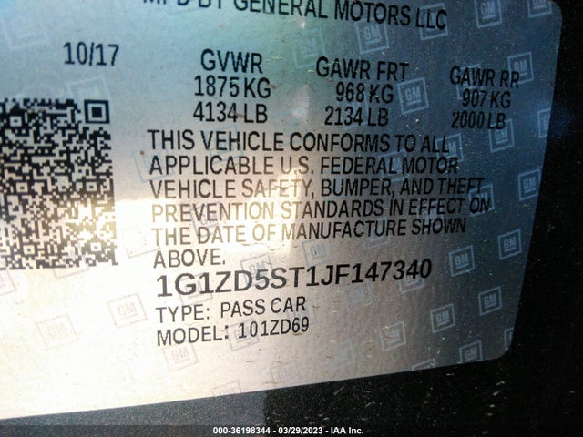 36198344 :رقم المزاد ، 1G1ZD5ST1JF147340 vin ، 2018 Chevrolet Malibu Lt مزاد بيع