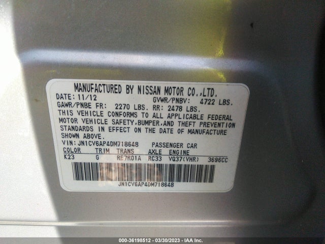 2013 INFINITI G37 SEDAN JOURNEY VIN: JN1CV6AP4DM718648