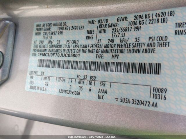 1FMCU0F70JUC05801 Ford ESCAPE S