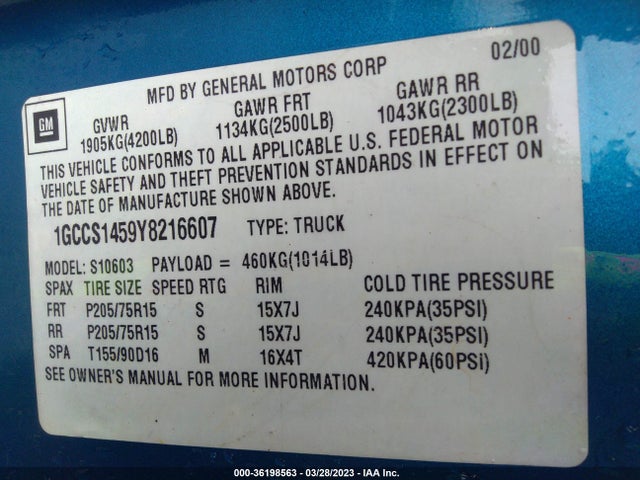 2000 CHEVROLET S-10 LS VIN: 1GCCS1459Y8216607