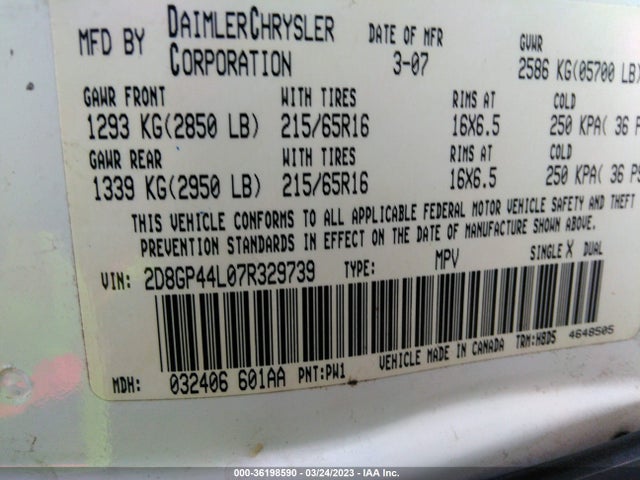 2007 DODGE GRAND CARAVAN SXT VIN: 2D8GP44L07R329739