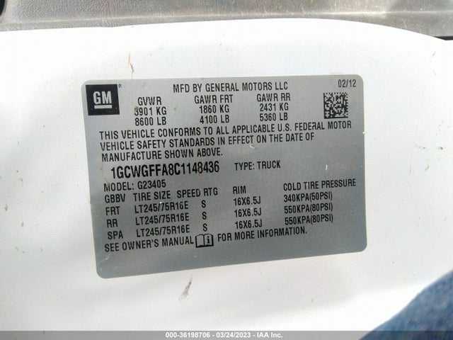 2012 CHEVROLET EXPRESS CARGO VAN VIN: 1GCWGFFA8C1148436