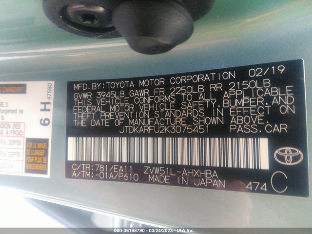 2019 TOYOTA PRIUS L ECO/LE/XLE/LIMITED VIN: JTDKARFU2K3075451