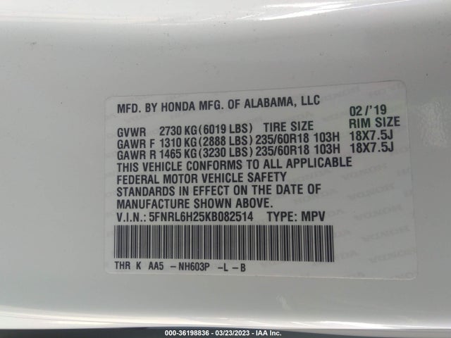 Honda ODYSSEY LX 2019 5FNRL6H25KB082514 Image 9