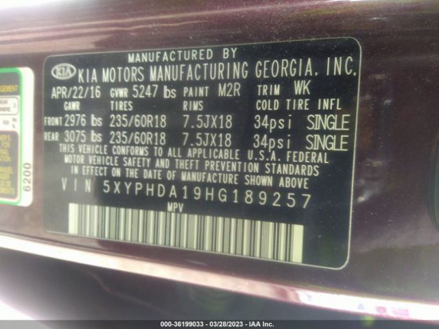 5XYPHDA19HG189257 KIA SORENTO EX