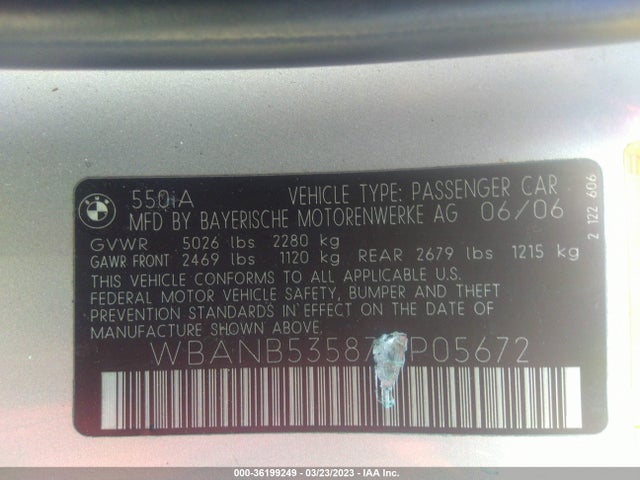 2007 BMW 5 SERIES 550I VIN: WBANB53587CP05672