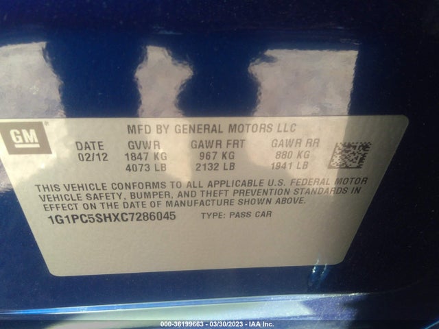 2012 CHEVROLET CRUZE LS VIN: 1G1PC5SHXC7286045