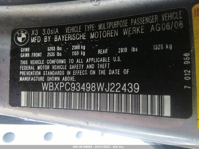 2008 BMW X3 3.0SI VIN: WBXPC93498WJ22439