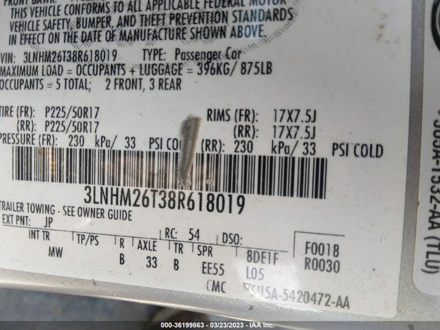 2008 LINCOLN MKZ VIN: 3LNHM26T38R618019