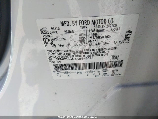 2010 FORD EDGE LIMITED VIN: 2FMDK3KC4ABB46093