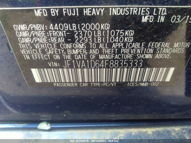 2015 SUBARU WRX PREMIUM VIN: JF1VA1D64F8835333