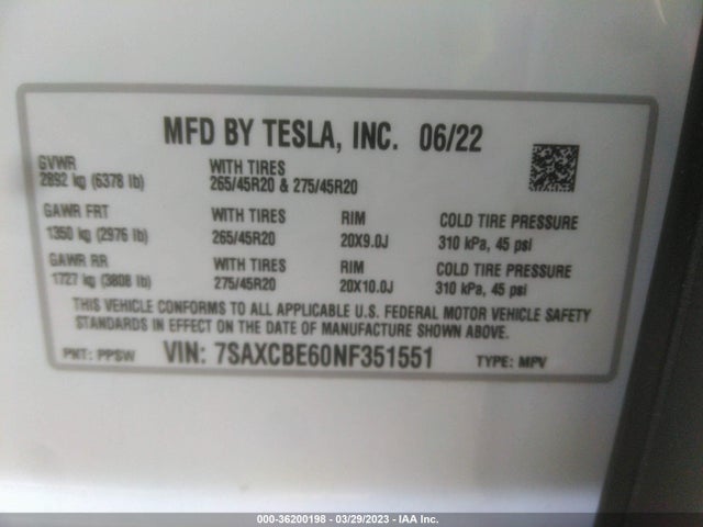 2022 Tesla Model X, VIN: 7SAXCBE60NF351551