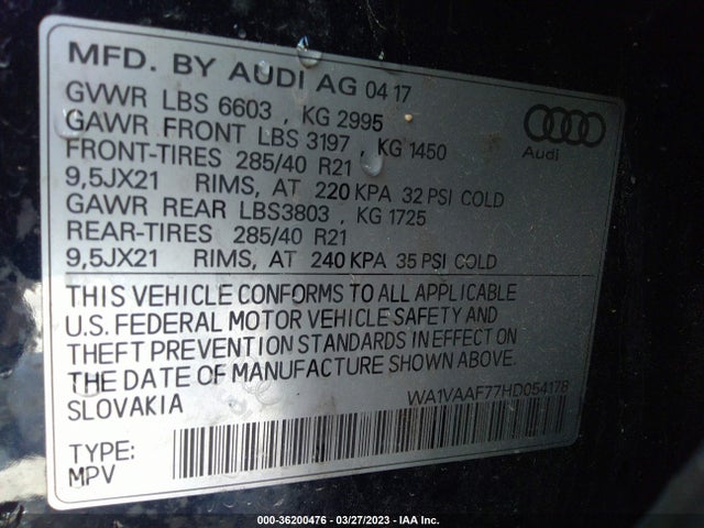 WA1VAAF77HD054178 Audi Q7 Prestige