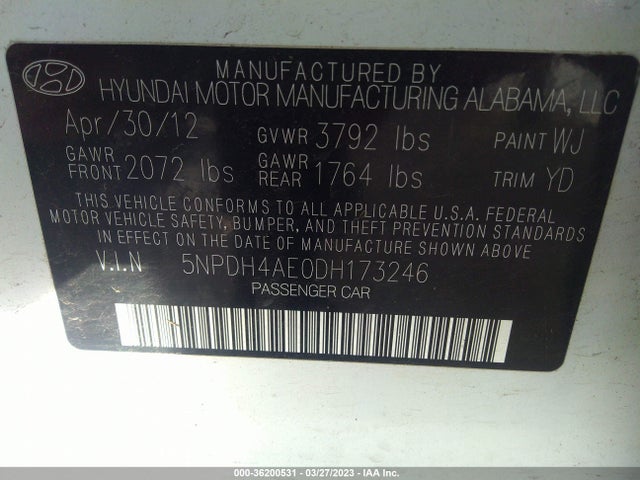 2013 HYUNDAI ELANTRA GLS VIN: 5NPDH4AE0DH173246