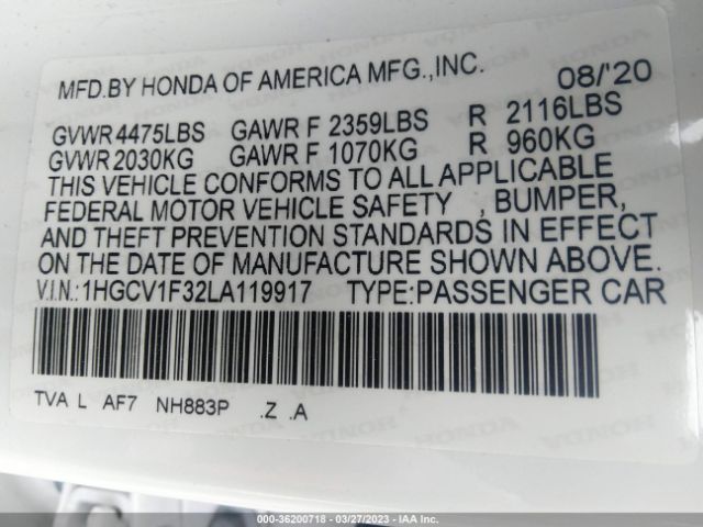1HGCV1F32LA119917 Honda Accord Sedan Sport