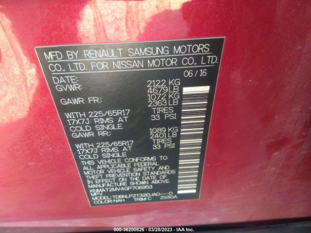 KNMAT2MV4GP706953 Nissan ROGUE S