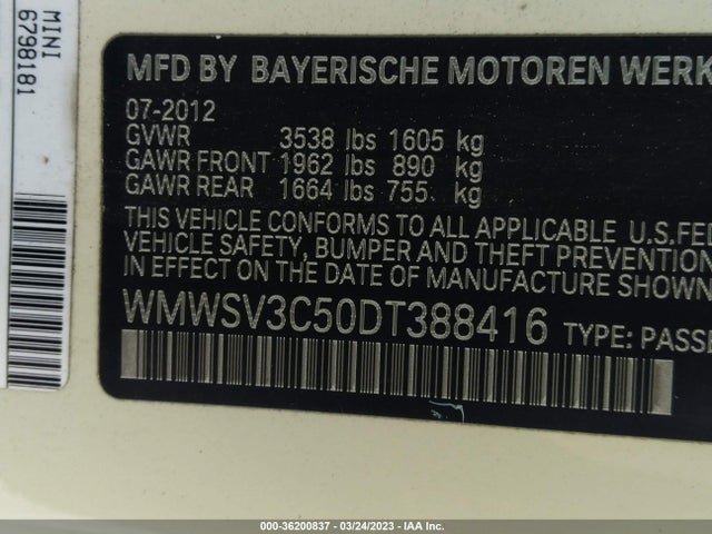 2013 MINI COOPER HARDTOP S VIN: WMWSV3C50DT388416