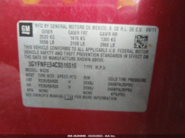 3GYFNFE34CS516516 Cadillac Srx Premium Collection