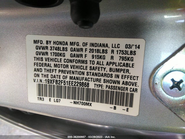 2014 HONDA CIVIC SEDAN LX VIN: 19XFB2F51EE229868