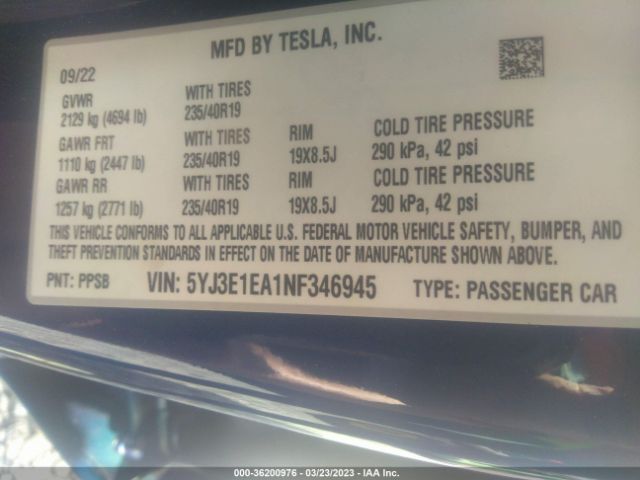 5YJ3E1EA1NF346945 Tesla MODEL 3