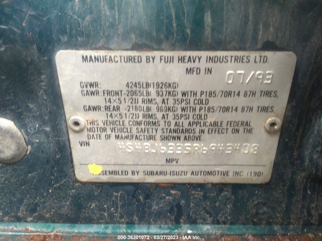 1994 SUBARU LEGACY L/L OUTDOOR VIN: 4S4BJ6335R6943408