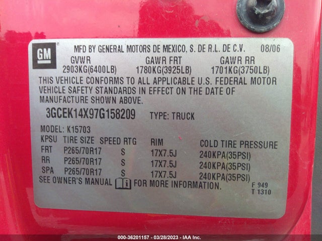 2007 CHEVROLET SILVERADO 1500 WORK TRUCK VIN: 3GCEK14X97G158209
