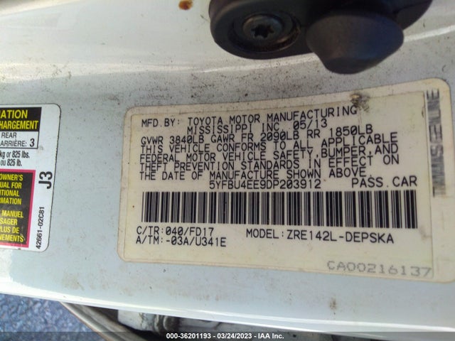 2013 TOYOTA COROLLA L/LE/S VIN: 5YFBU4EE9DP203912