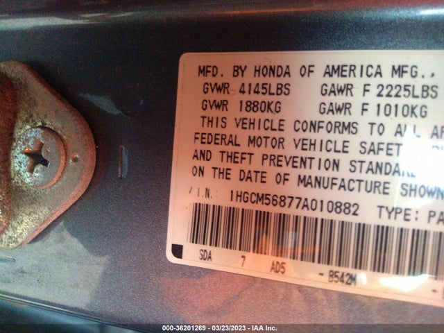 Honda Accord Sdn Ex-l 2007 1HGCM56877A010882 Image 10