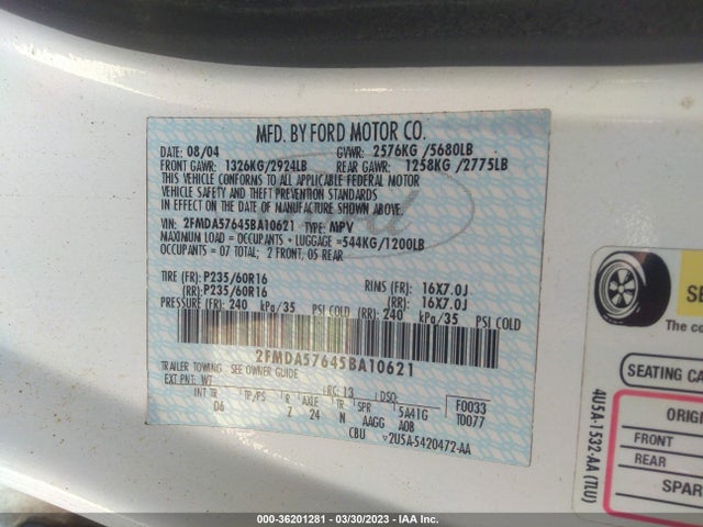 2005 FORD FREESTAR WAGON SES VIN: 2FMDA57645BA10621