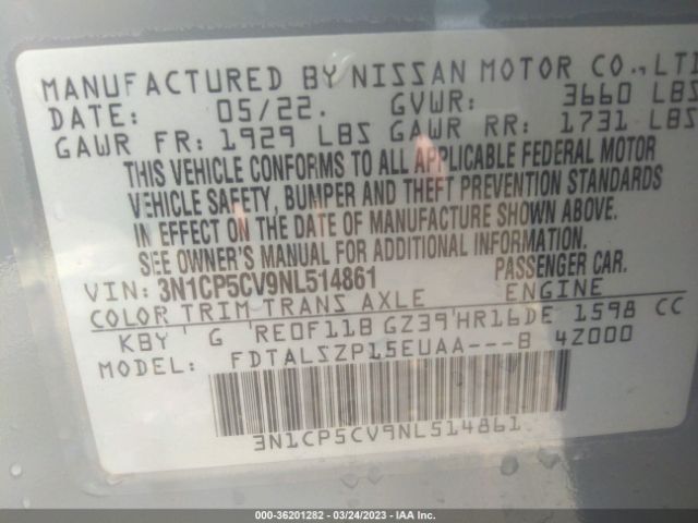 3N1CP5CV9NL514861 Nissan KICKS SV