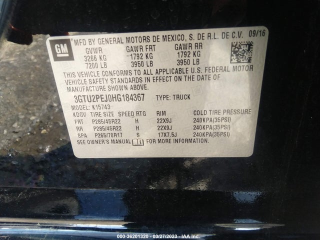2017 GMC SIERRA 1500 DENALI VIN: 3GTU2PEJ0HG184367