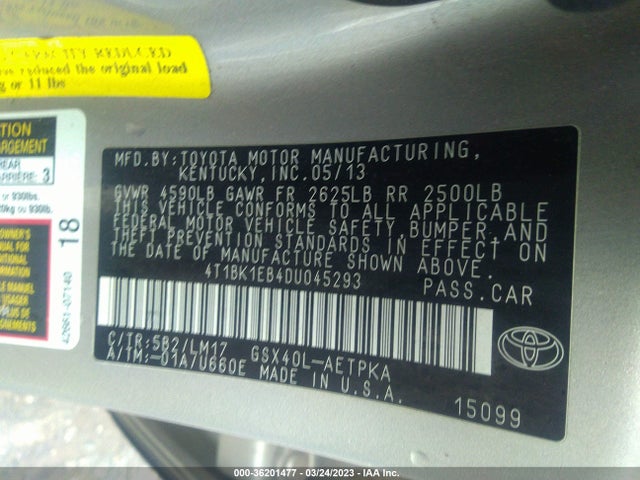2013 TOYOTA AVALON XLE/LIMITED VIN: 4T1BK1EB4DU045293