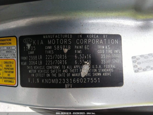2006 KIA SEDONA LX/EX VIN: KNDMB233166027551