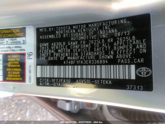 2014 TOYOTA CAMRY L/LE/XLE/SE/SE SPORT VIN: 4T4BF1FK3ER336894