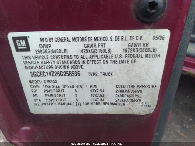 2006 CHEVROLET SILVERADO 1500 LT1 VIN: 3GCEC14Z26G258536