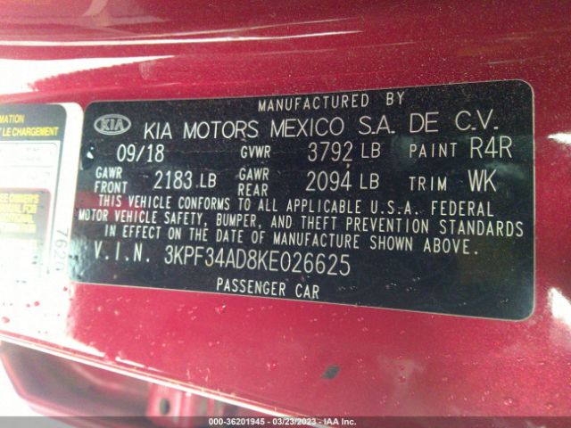 3KPF34AD8KE026625 KIA FORTE S