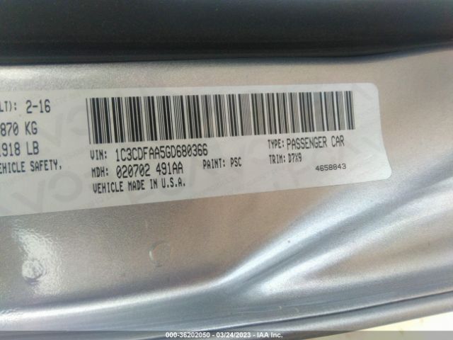 1C3CDFAA5GD680366 Dodge DART SE