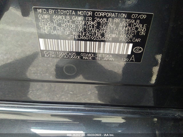 2009 LEXUS ES 350 VIN: JTHBJ46G192334474