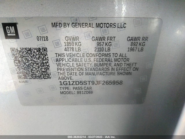 Chevrolet MALIBU LT 2018 1G1ZD5ST9JF265958 Image 9