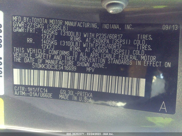 2014 TOYOTA SIENNA LE VIN: 5TDKK3DC3ES416699